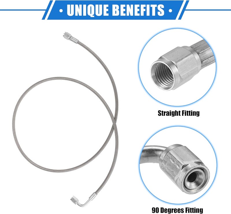 VekAuto AN3 Braided Steel Turbo Oil Feed Line 90 Degree to Straight Hose End, 44" Remote Turbocharger Oil Drain Return Line Universal for Car Durable Stainless Steel PTFE Silver Tone - Image 3